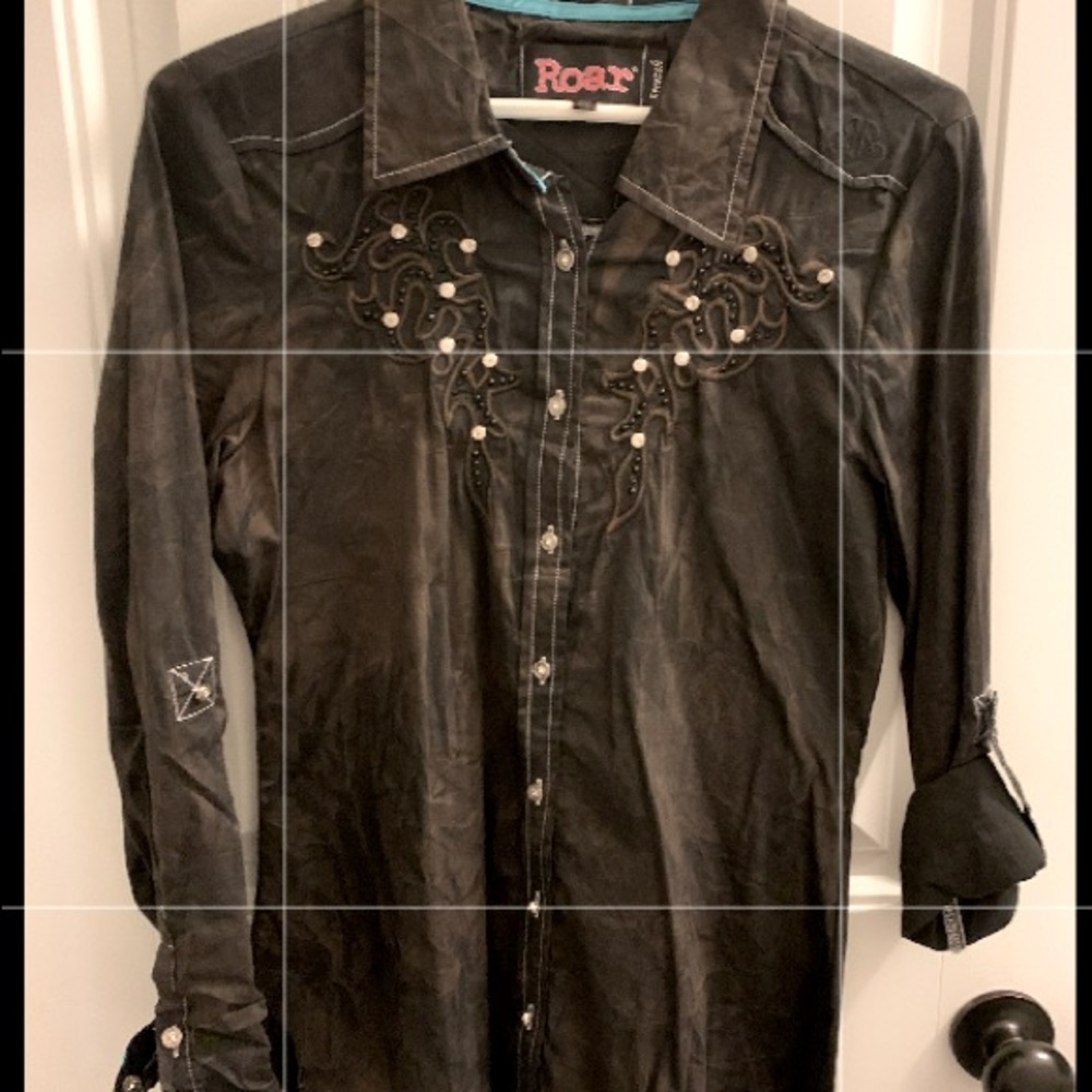 Roar button-down western style shirt with bling on back.